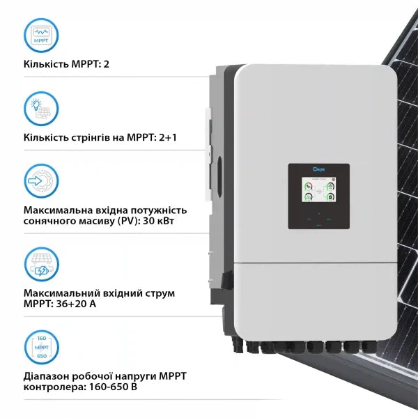 Гібридний інвертор Deye SUN-20K-SG05LP3-EU-SM2 20KW 48V 2 MPPT Wi-Fi 220/380V Трифазний